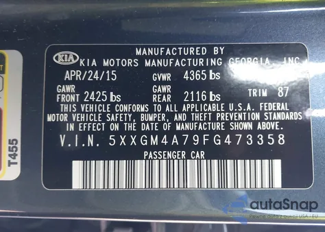 2015 Kia Optima Lx из США, поврежденный, VIN 5XXGM4A79FG473358